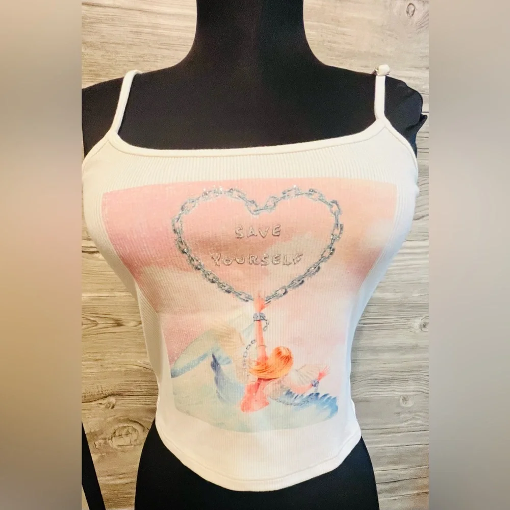 NWT Boys Lie White Ribbed Tank Top Size M/L Crop Top Rhinestone adjustable strap - Picture 3 of 14